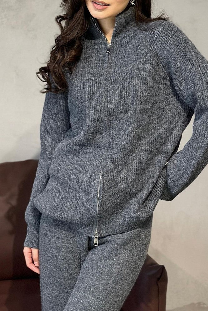 Zip Front Knit Cardigan And Trouser Set - charcoal - 2