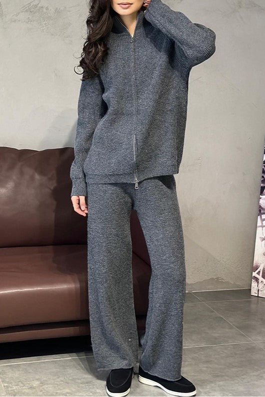 Zip Front Knit Cardigan And Trouser Set - charcoal - 3