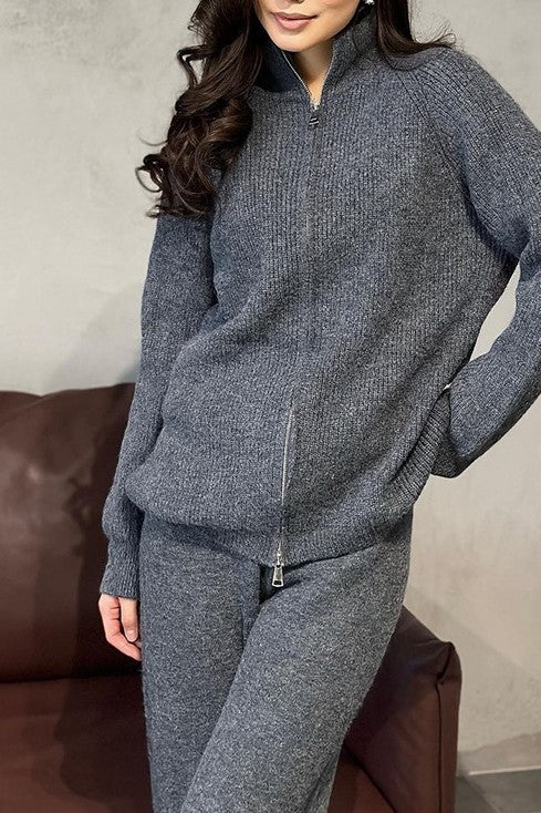 Zip Front Knit Cardigan And Trouser Set - charcoal - 4