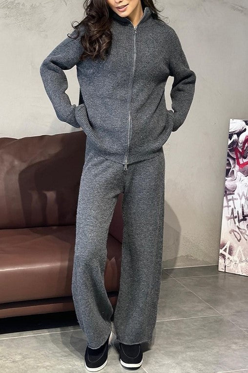 Zip Front Knit Cardigan And Trouser Set - charcoal - 5