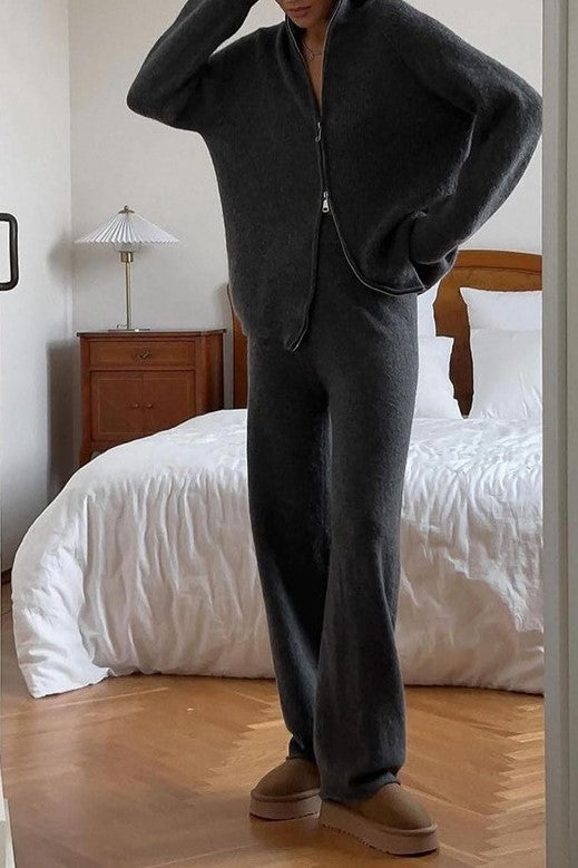 Zip Front Knit Cardigan And Trouser Set - charcoal - 6