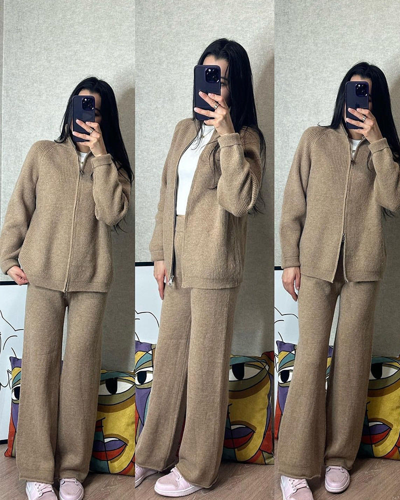 Zip Front Knit Cardigan And Trouser Set - khaki