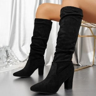 Scrunched Faux Suede Block Heel Knee Boots - Black