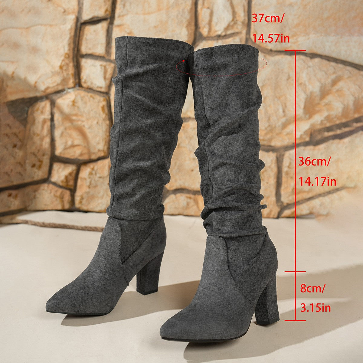 Scrunched Faux Suede Block Heel Knee Boots - Gray