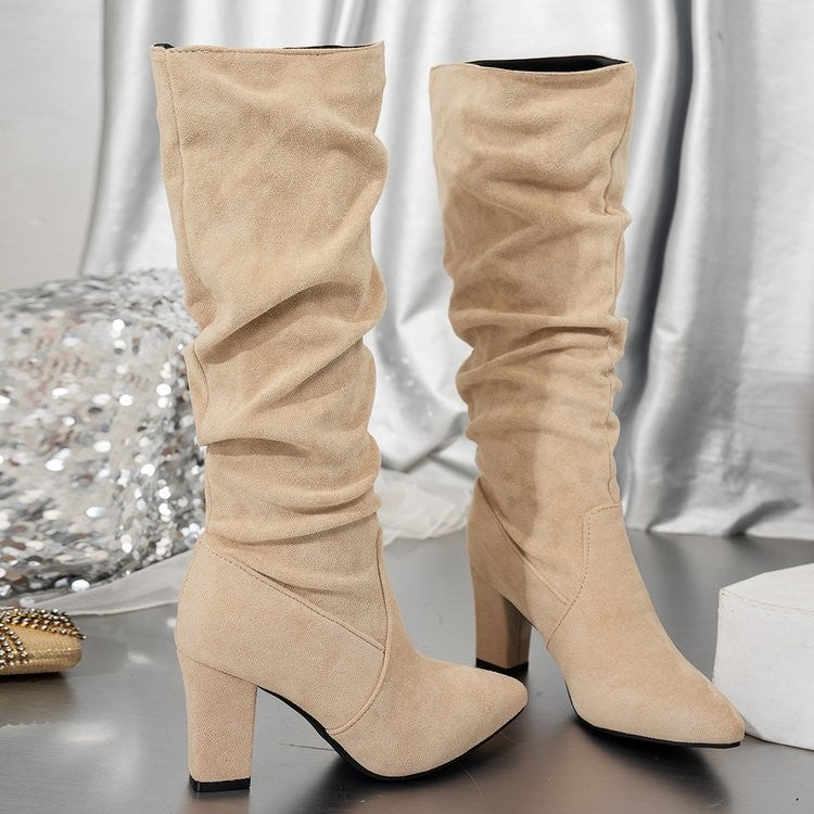 Scrunched Faux Suede Block Heel Knee Boots