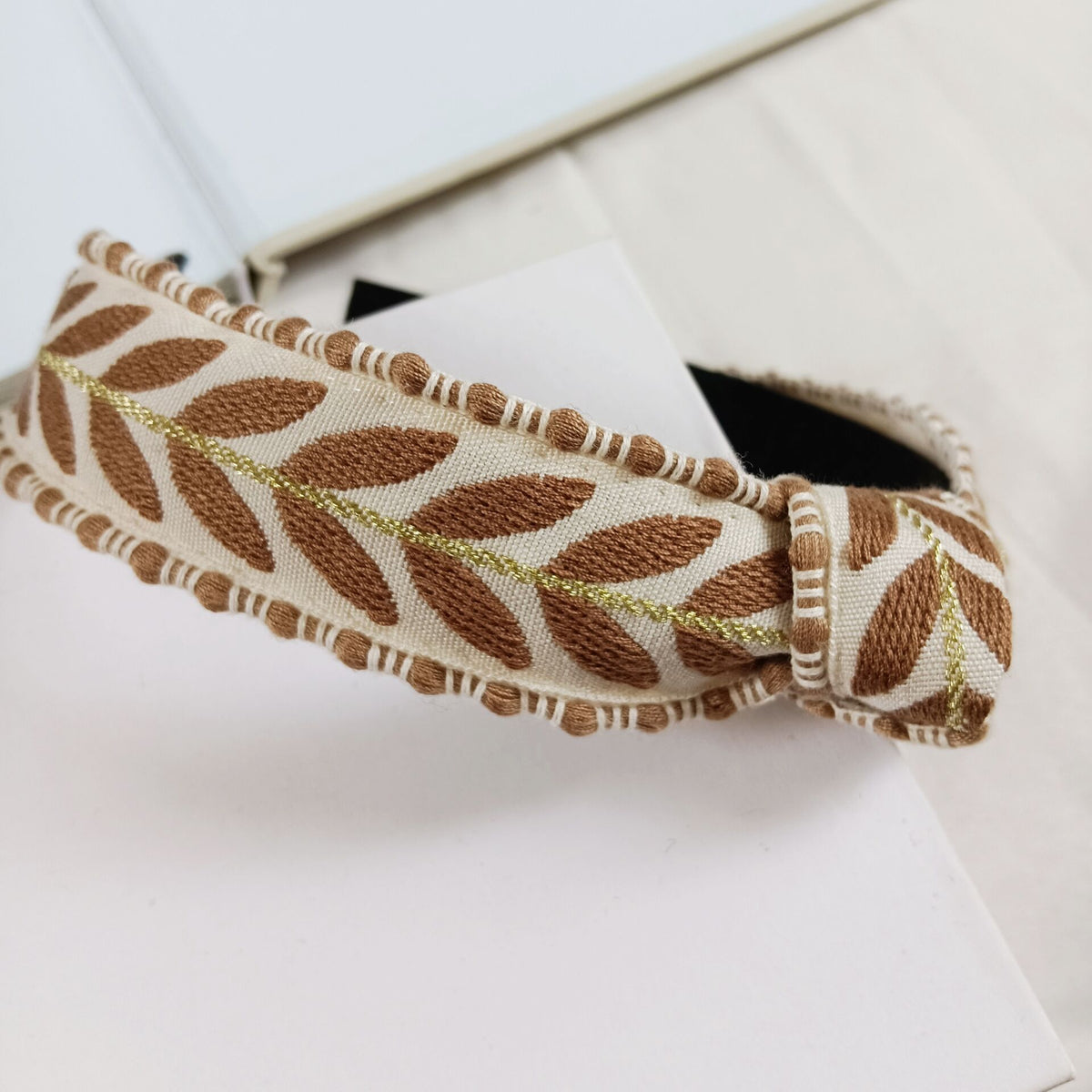 Leaf Embroidered Knotted Wide Headband - Coffee