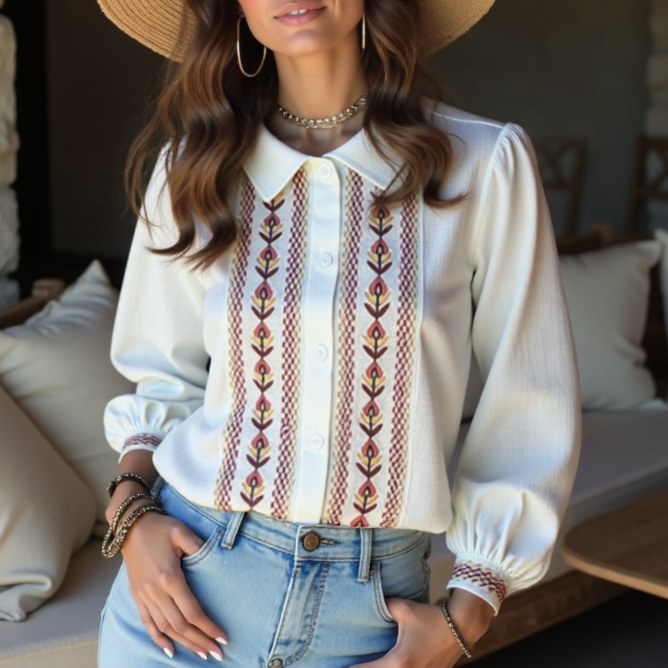 White Folk Floral Embroidery Puff Sleeve Blouse - White