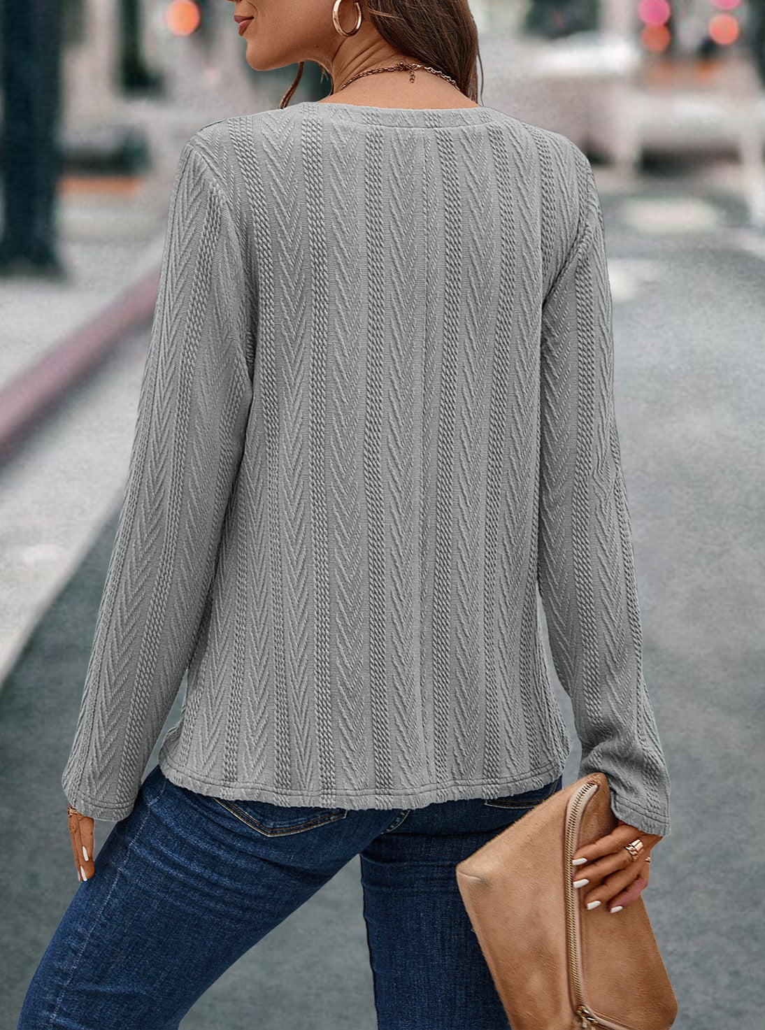 Ribbed Knit Henley Button Long Sleeve Top - Gray - 1