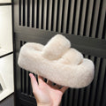 Fluffy Double Strap Platform Slide Slippers - Cream