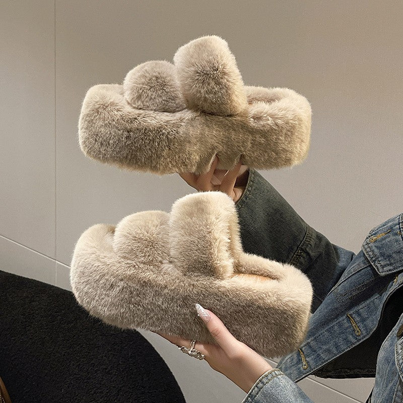 Fluffy Double Strap Platform Slide Slippers - Khaki