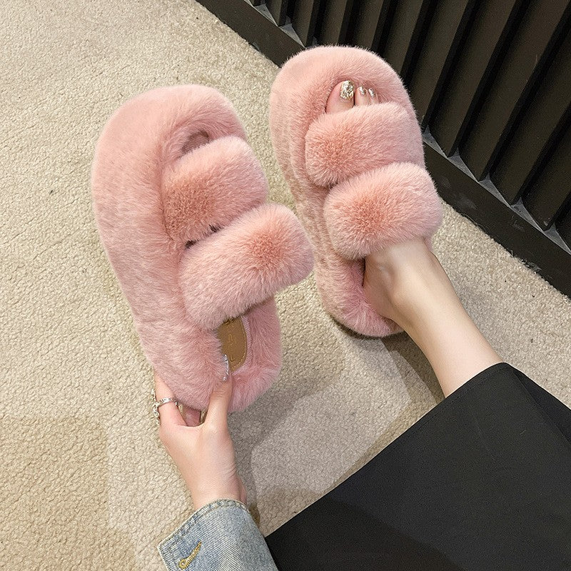 Fluffy Double Strap Platform Slide Slippers - Pink