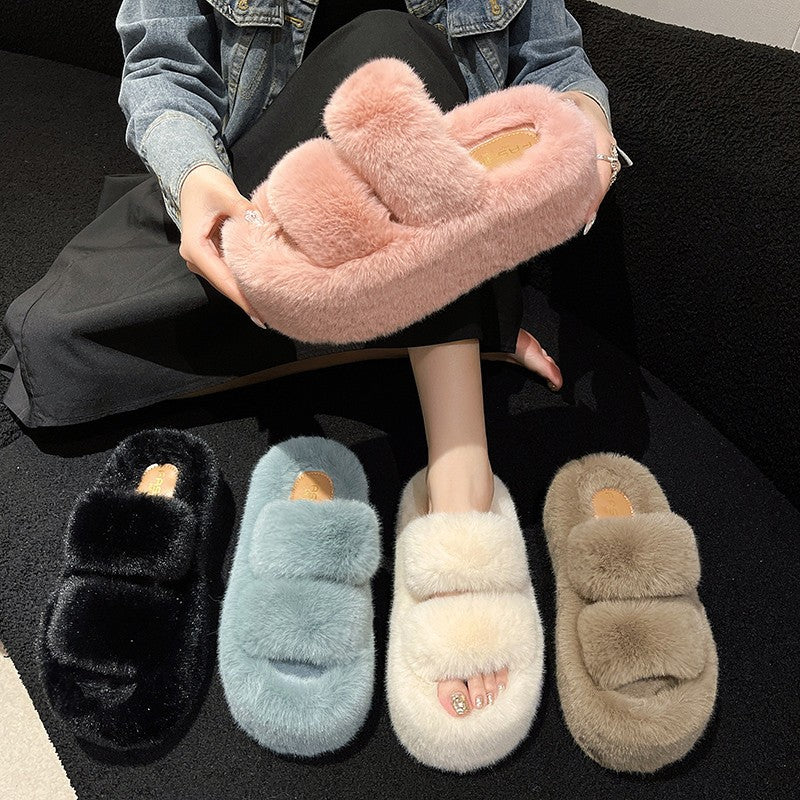Fluffy Double Strap Platform Slide Slippers