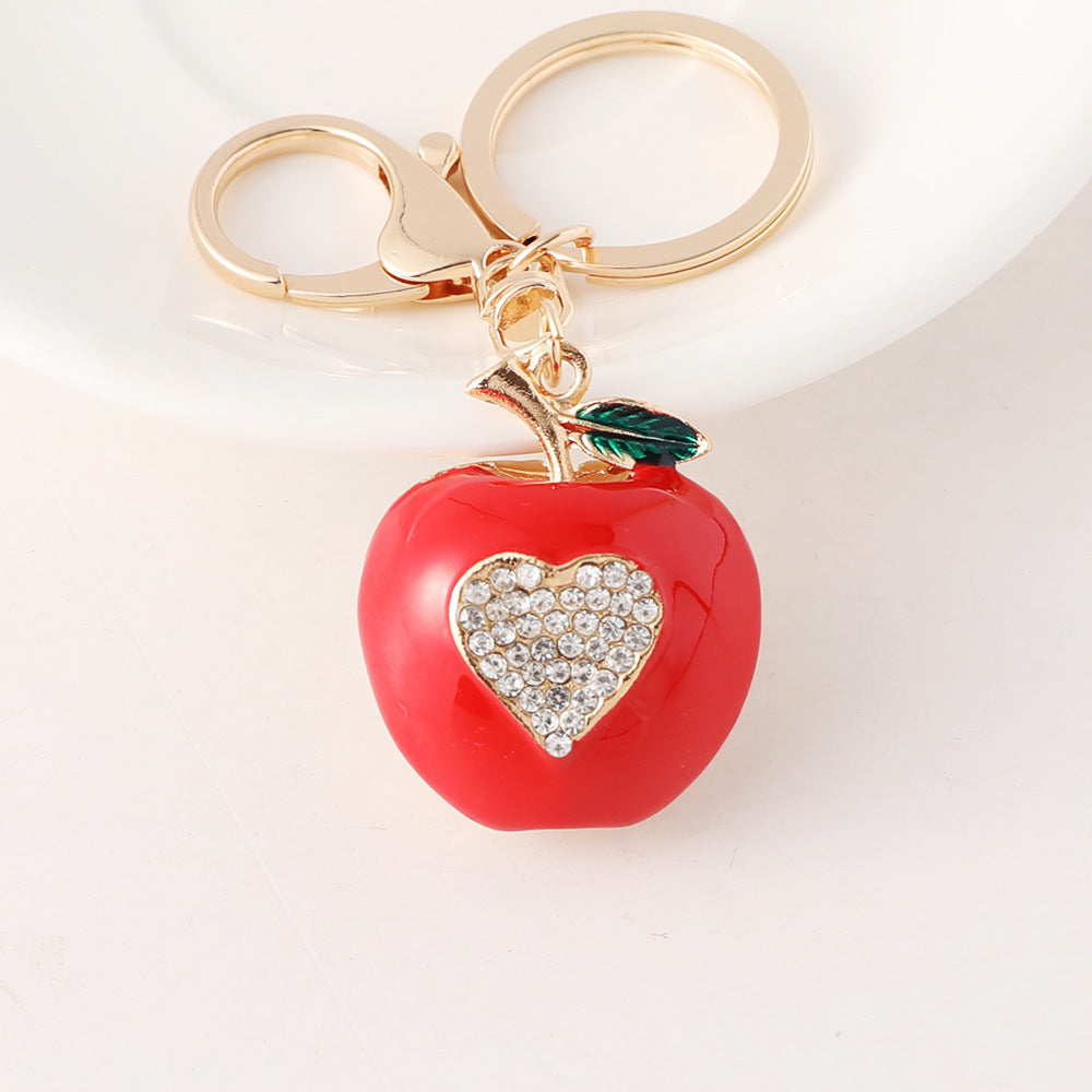 Red Apple Rhinestone Heart Keychain - Apple