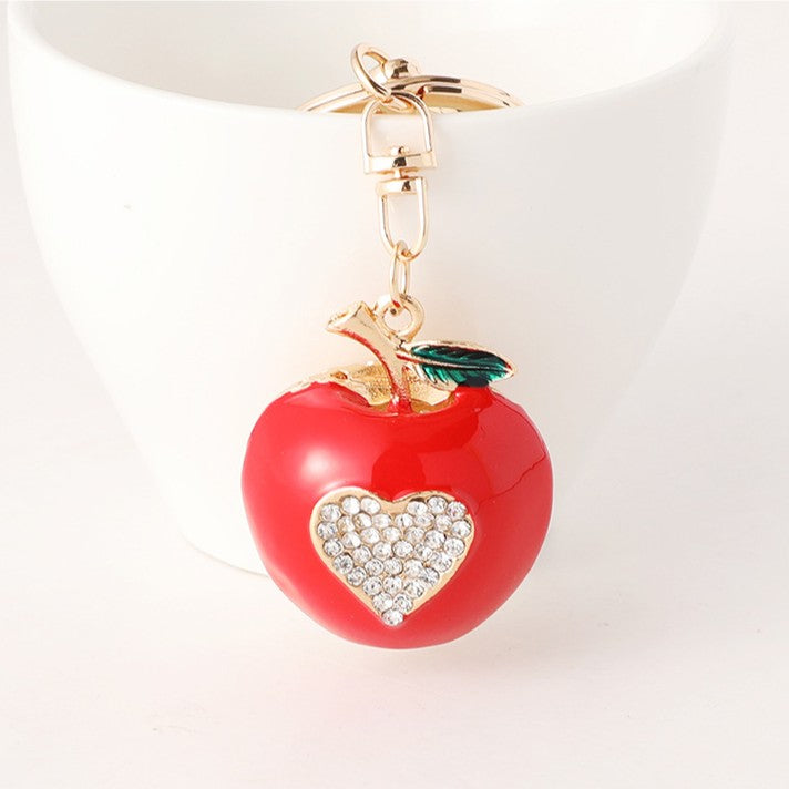Red Apple Rhinestone Heart Keychain - Apple - 1