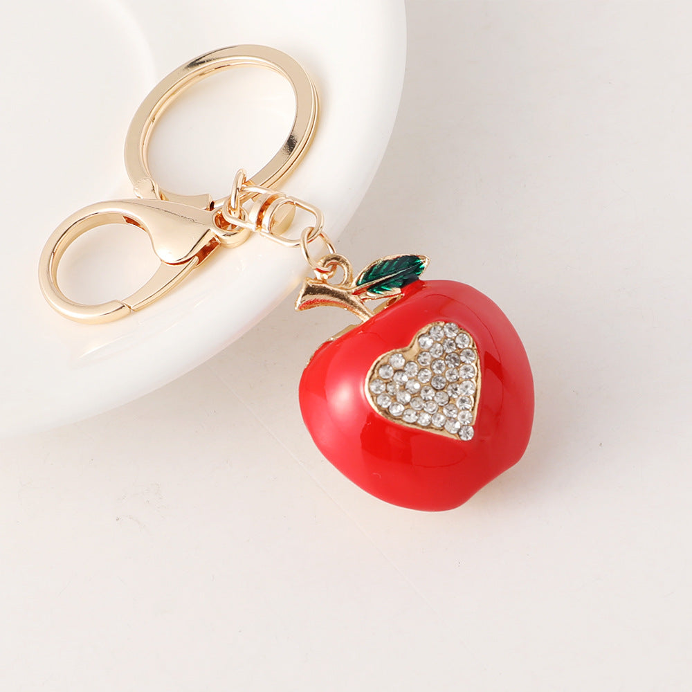 Red Apple Rhinestone Heart Keychain - Apple - 2