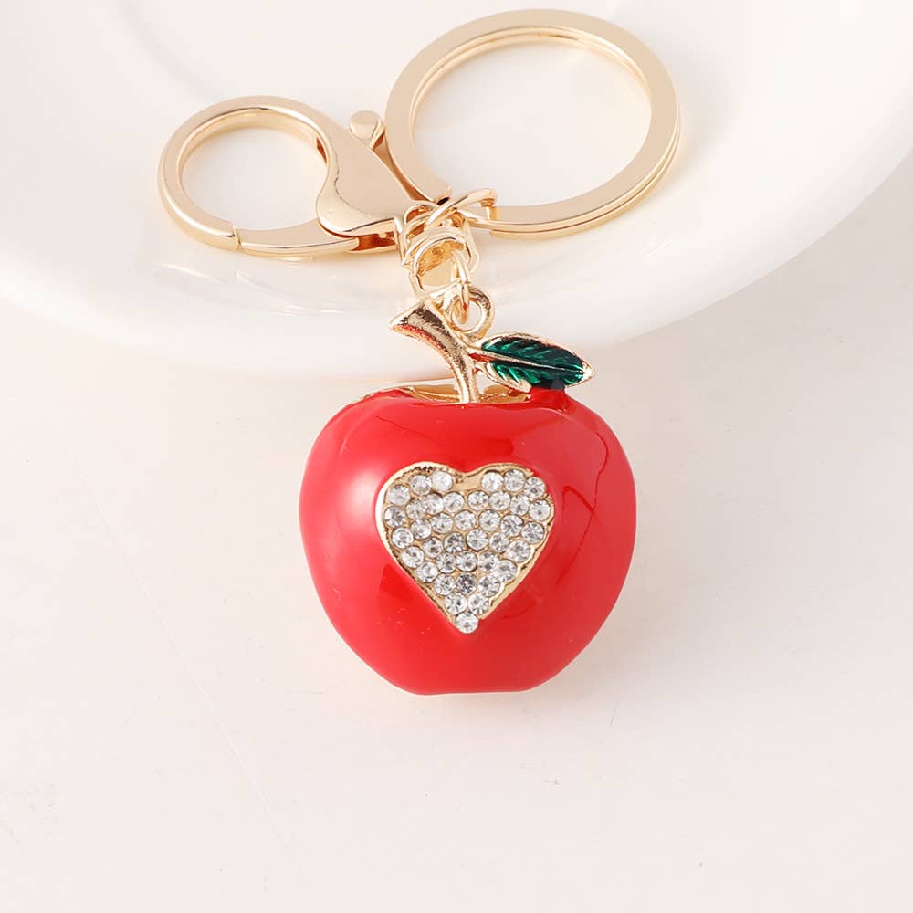 Red Apple Rhinestone Heart Keychain