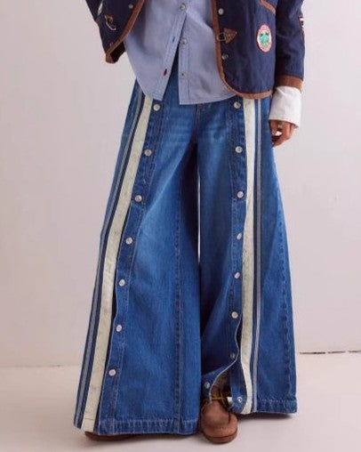 Side Button Striped Wide Leg Jeans - Blue