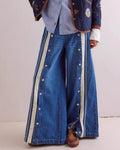 Side Button Striped Wide Leg Jeans - Blue