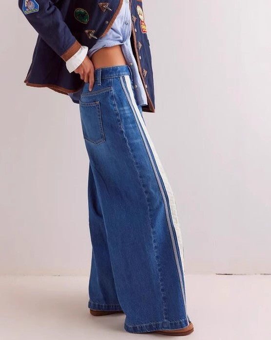 Side Button Striped Wide Leg Jeans - Blue - 1