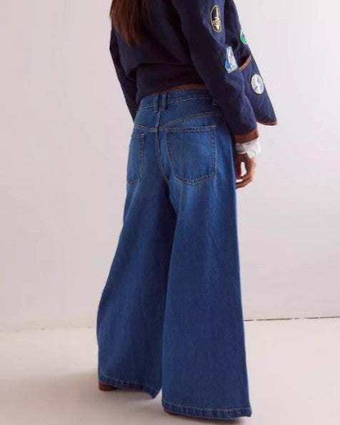 Side Button Striped Wide Leg Jeans - Blue - 2