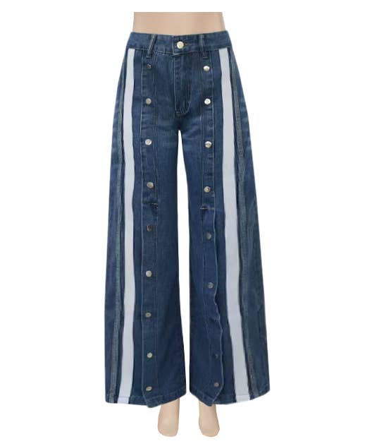 Side Button Striped Wide Leg Jeans