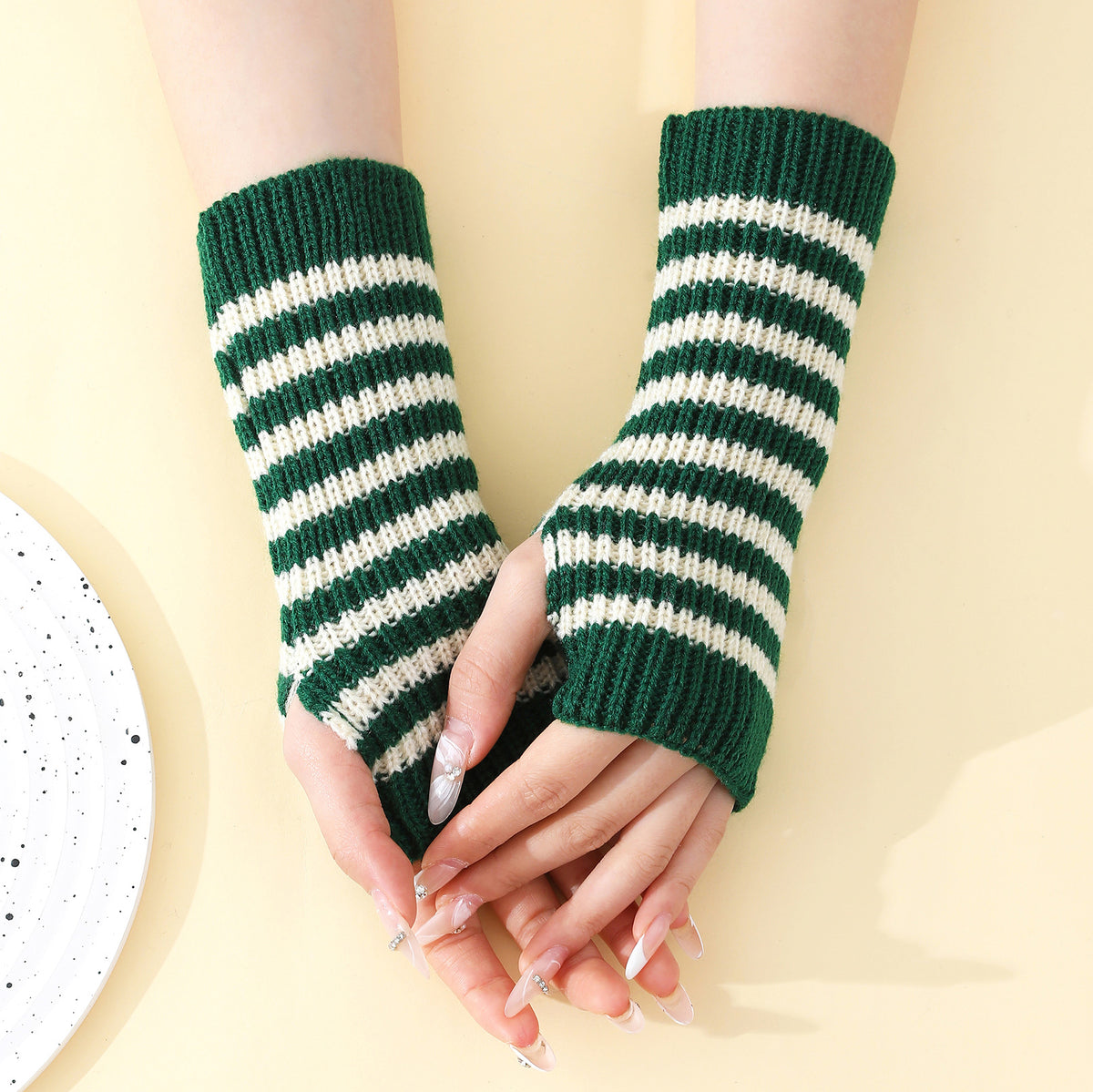 Striped Knit Fingerless Arm Warmer Gloves - Green