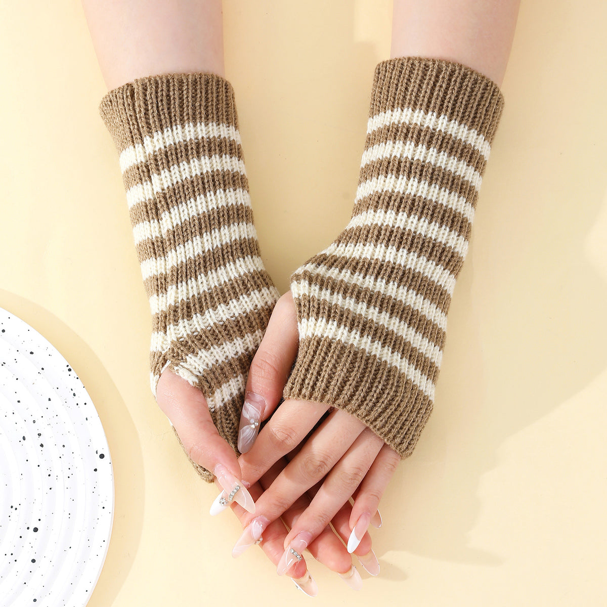 Striped Knit Fingerless Arm Warmer Gloves - Khaki
