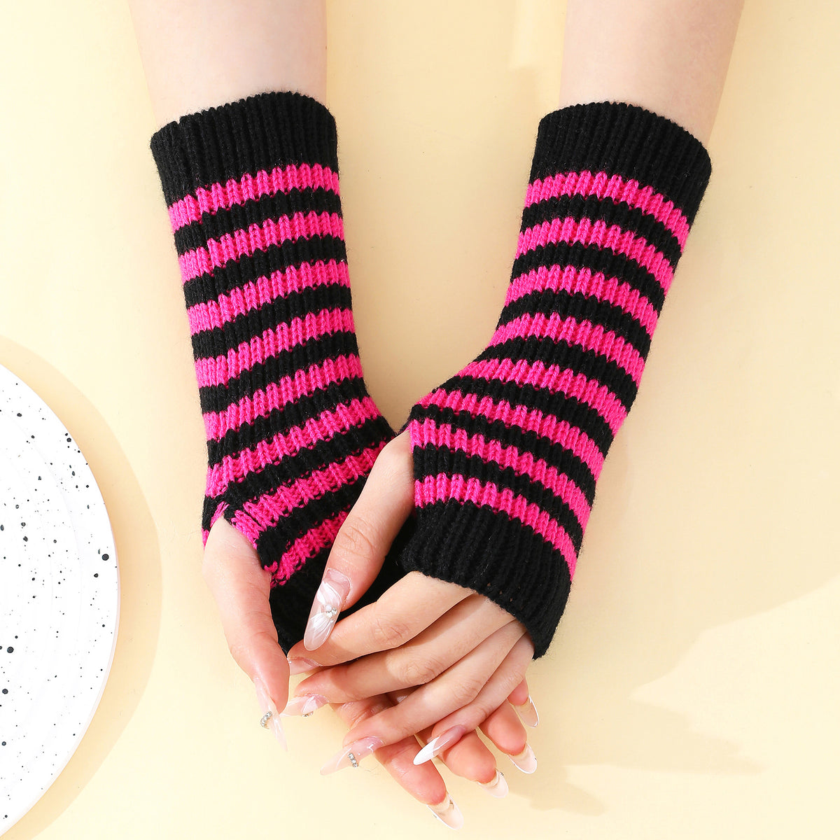 Striped Knit Fingerless Arm Warmer Gloves - RoseRed