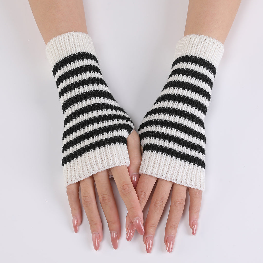 Striped Knit Fingerless Arm Warmer Gloves - White