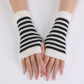 Striped Knit Fingerless Arm Warmer Gloves - White