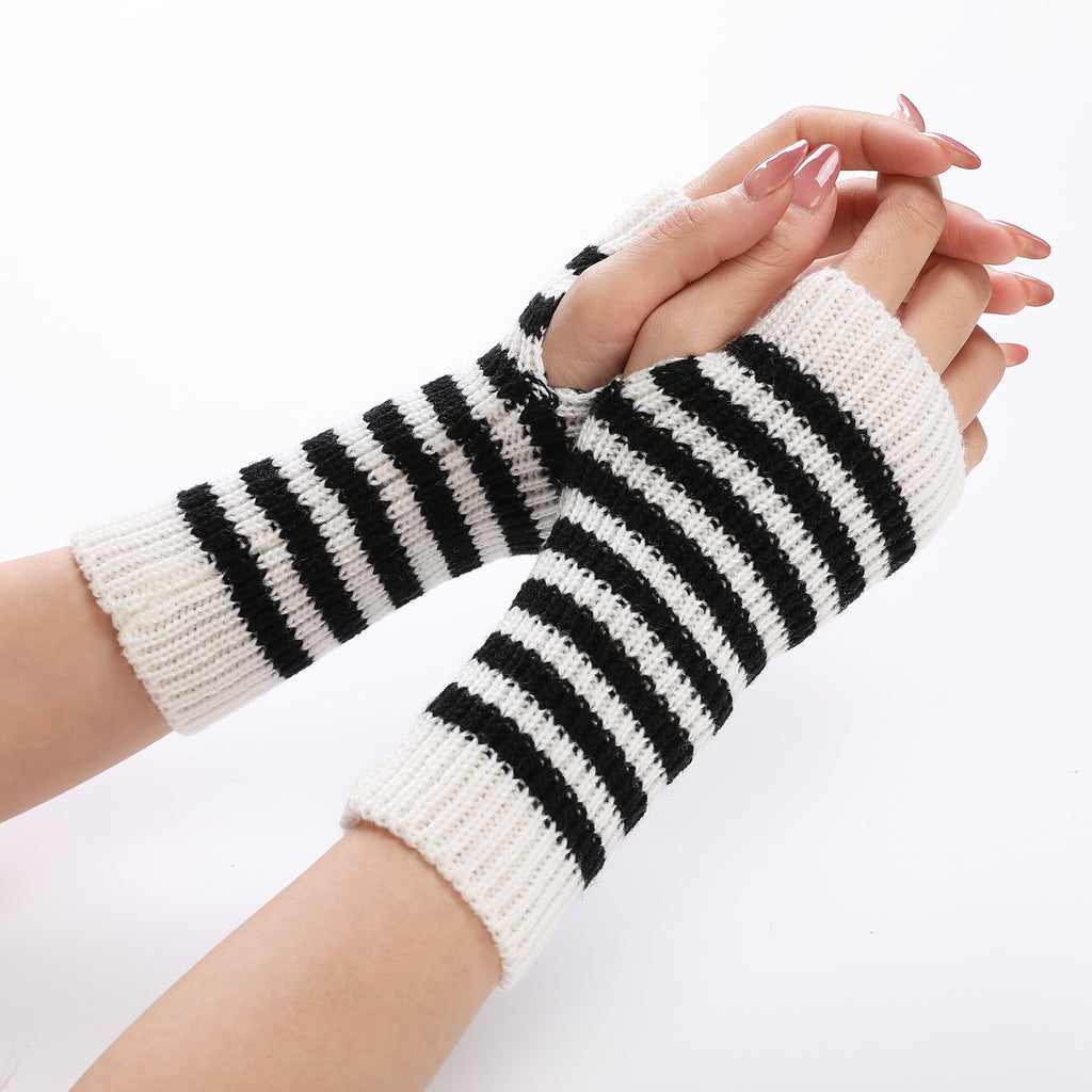 Striped Knit Fingerless Arm Warmer Gloves - White - 1