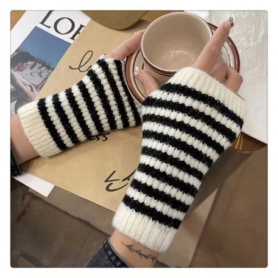 Striped Knit Fingerless Arm Warmer Gloves - White - 2