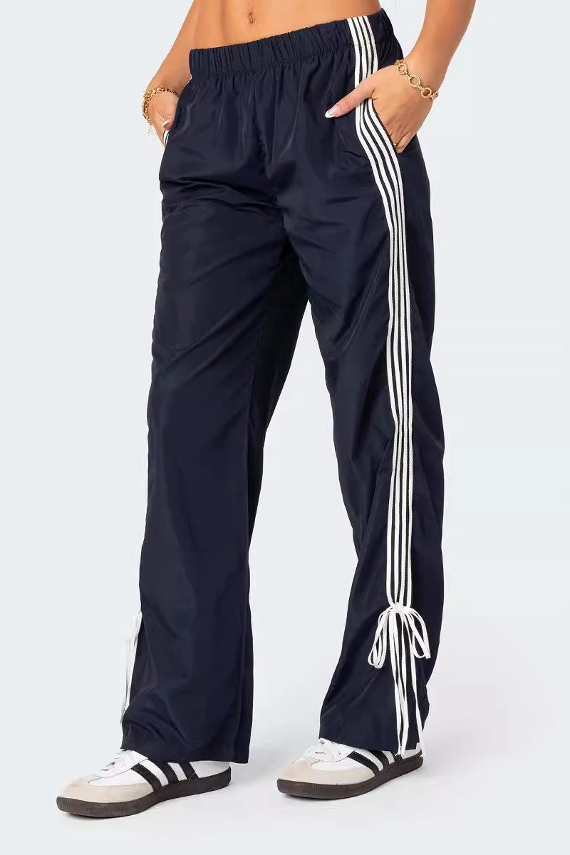 Side Stripe Bow Hem Track Pants - Navy