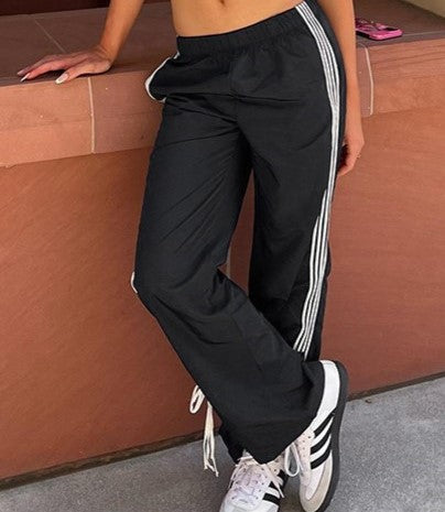 Side Stripe Bow Hem Track Pants - black
