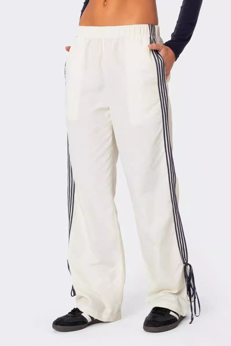 Side Stripe Bow Hem Track Pants - white