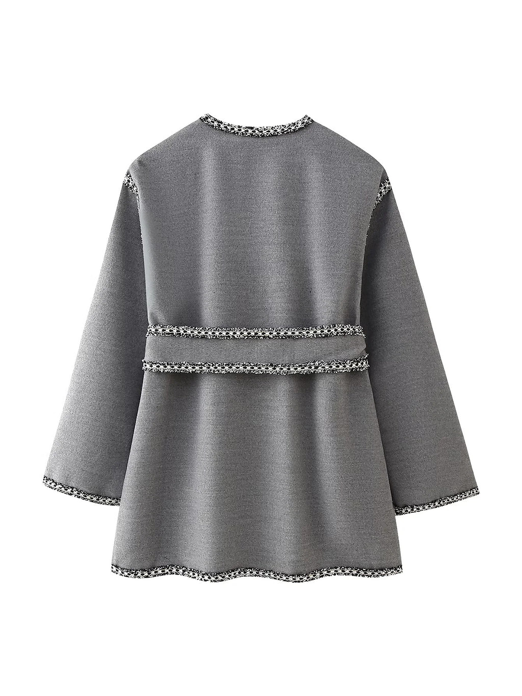 Braided Trim Open Front Belted Coat - Grey