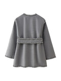 Braided Trim Open Front Belted Coat - Grey