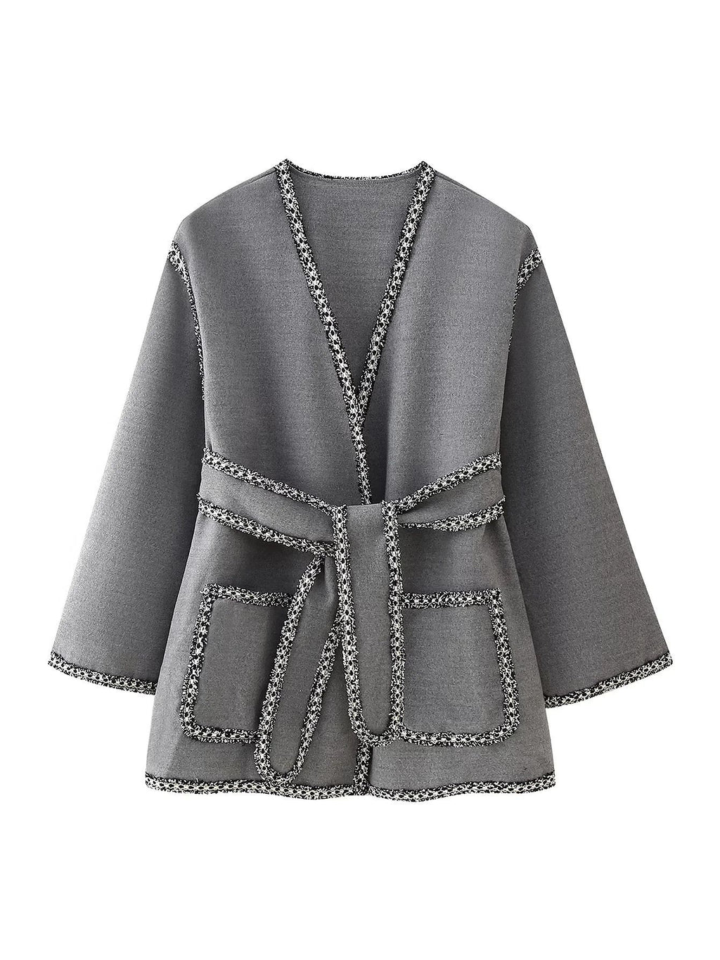Braided Trim Open Front Belted Coat