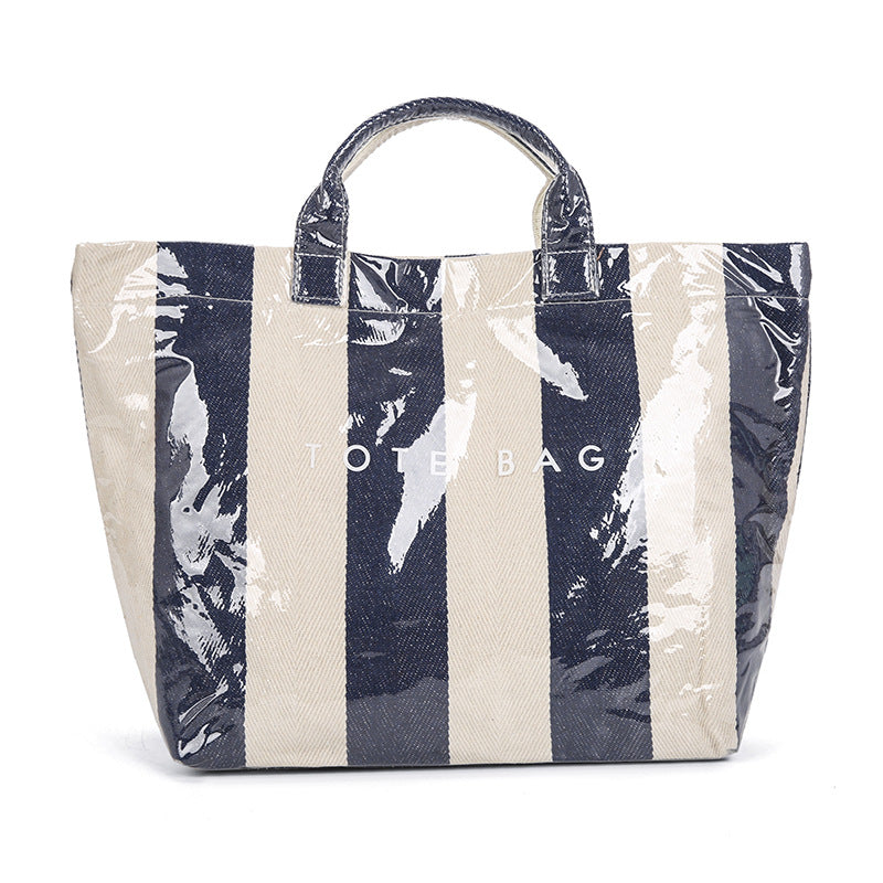 Glossy Coated Canvas Tote Bag With Top Handles - Blue