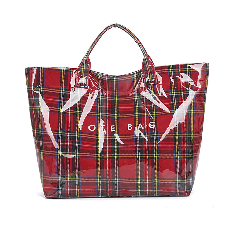 Glossy Coated Canvas Tote Bag With Top Handles - Grid