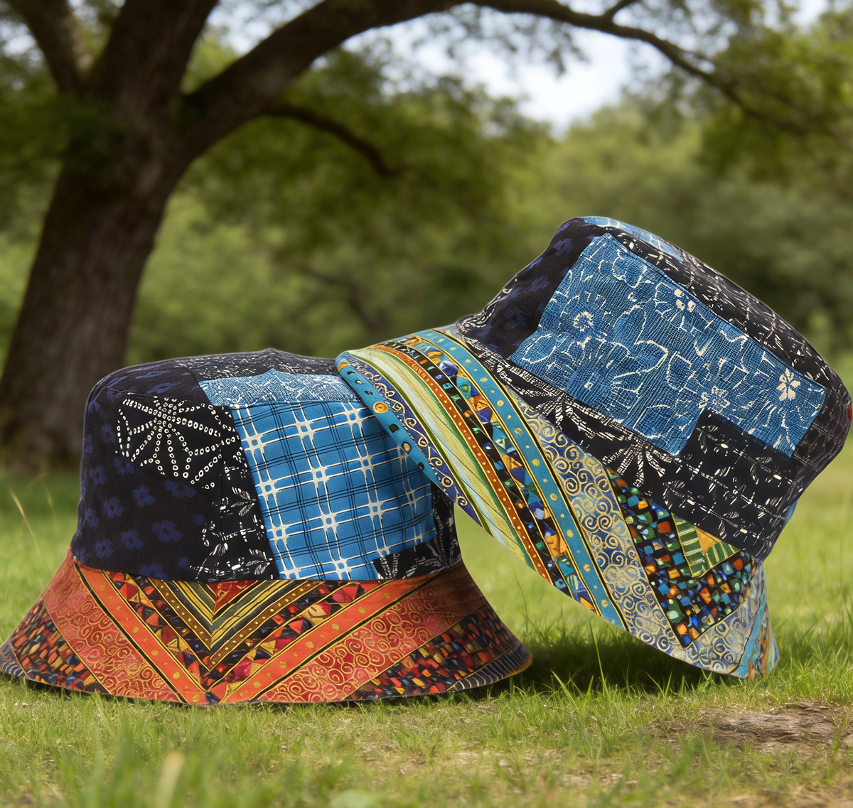 Quilted Patchwork Folk Print Bucket Hat - Blue