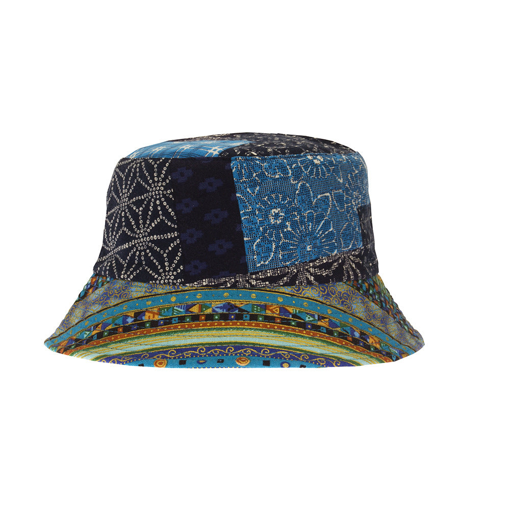 Quilted Patchwork Folk Print Bucket Hat - Blue - 1