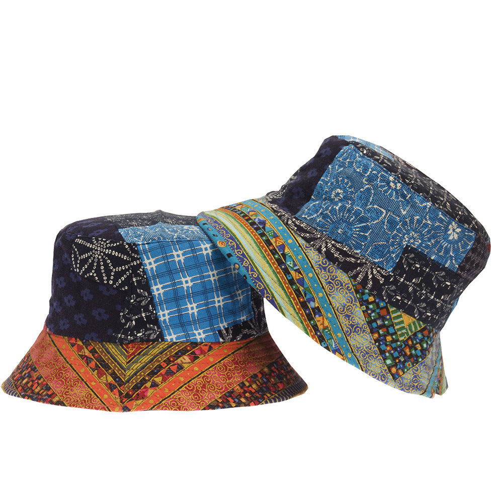 Quilted Patchwork Folk Print Bucket Hat - Blue - 3