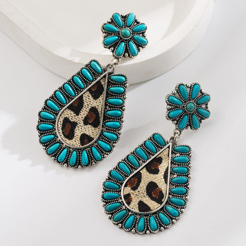 Western Turquoise & Leopard Teardrop Statement Earrings - Beige