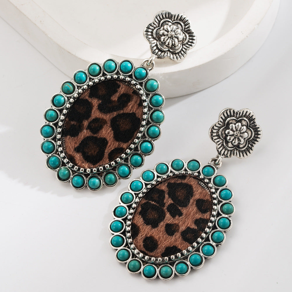 Western Turquoise & Leopard Teardrop Statement Earrings - Brown