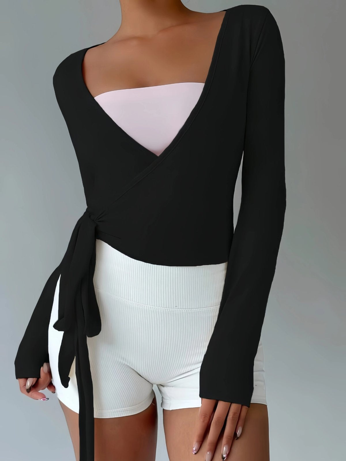 Long-Sleeve Ballet Wrap Top with Side-Tie Waist - Black