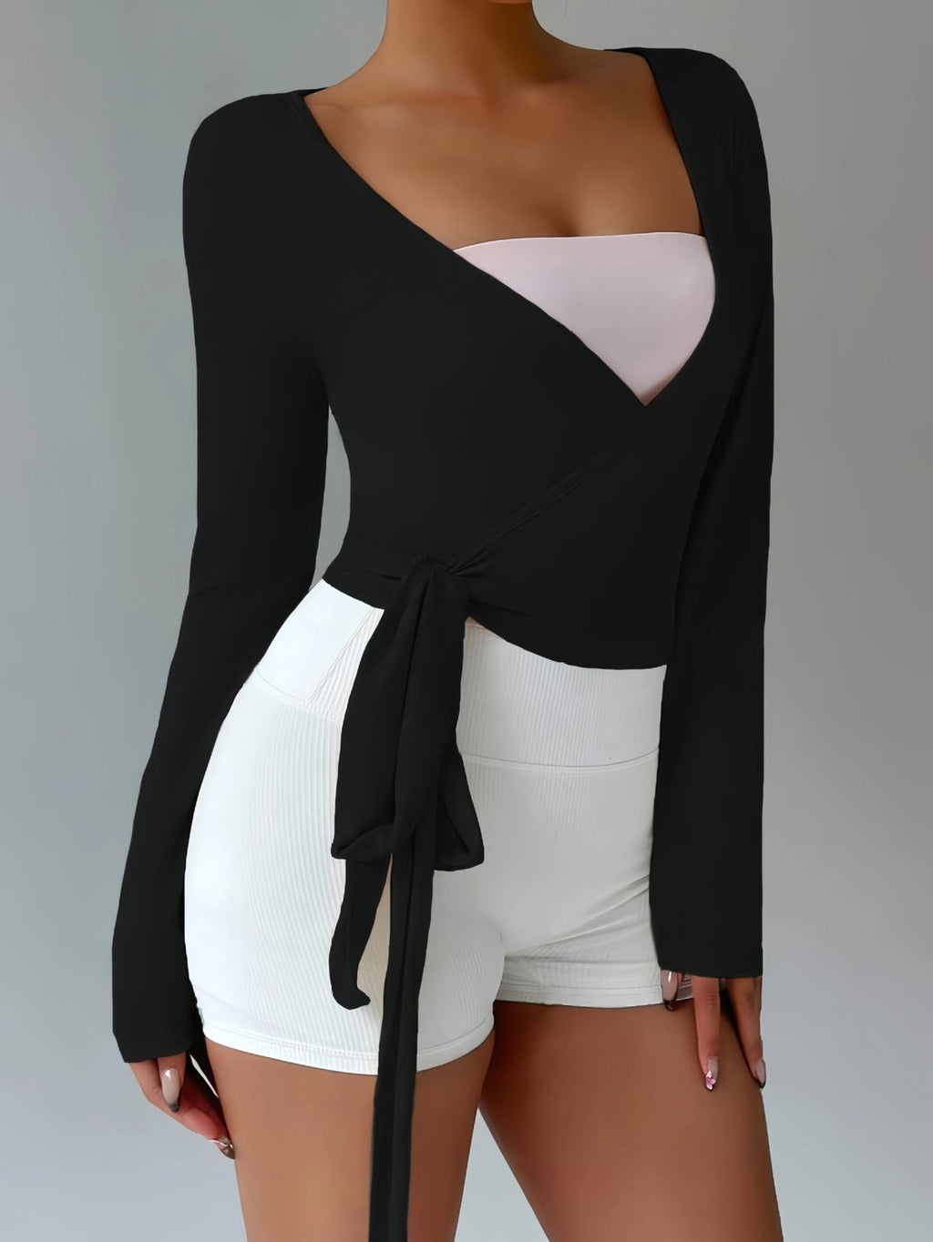 Long-Sleeve Ballet Wrap Top with Side-Tie Waist - Black - 3