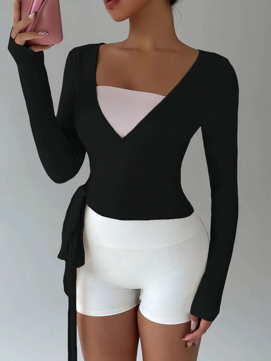 Long-Sleeve Ballet Wrap Top with Side-Tie Waist - Black - 5