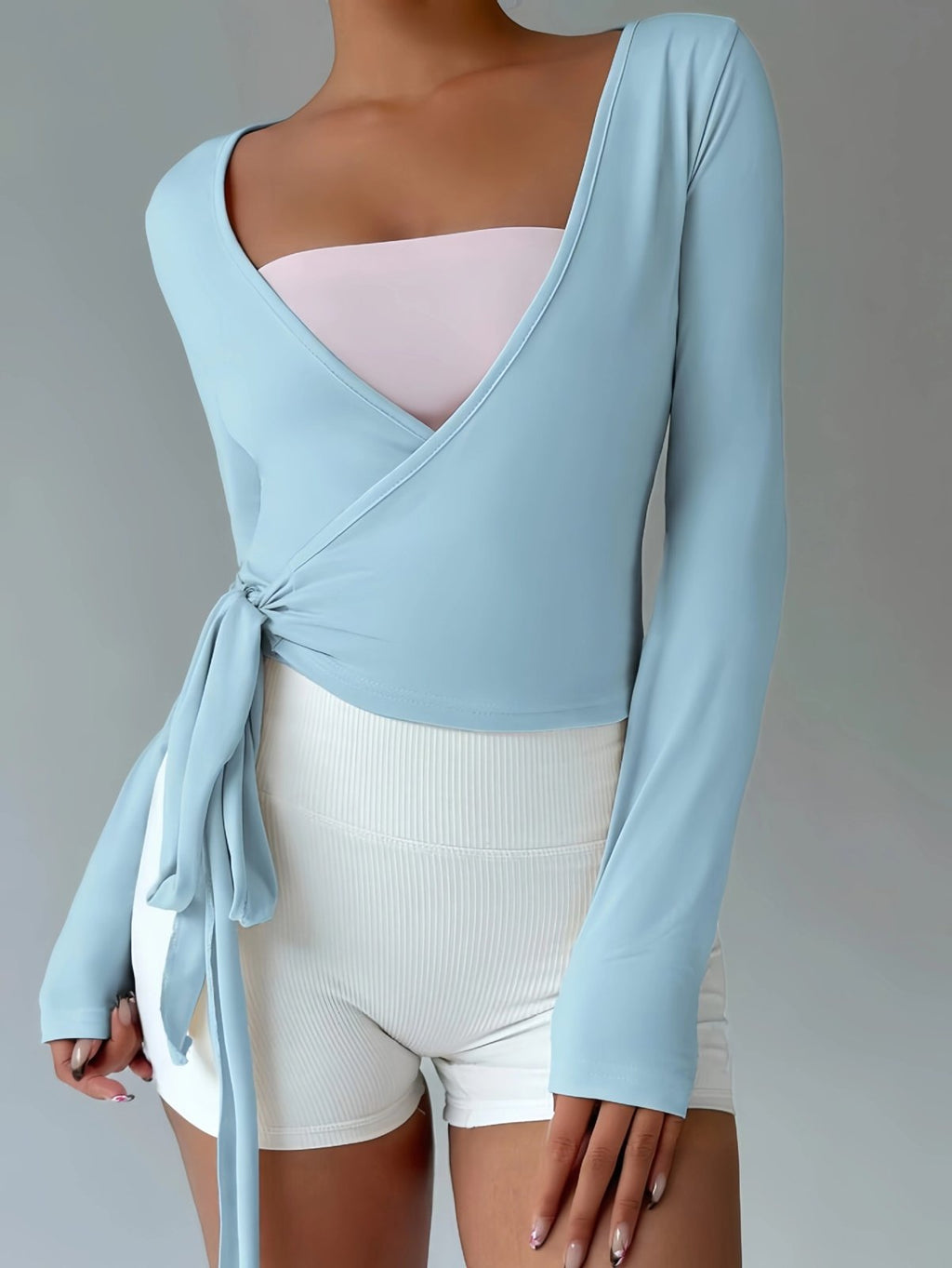 Long-Sleeve Ballet Wrap Top with Side-Tie Waist - Blue