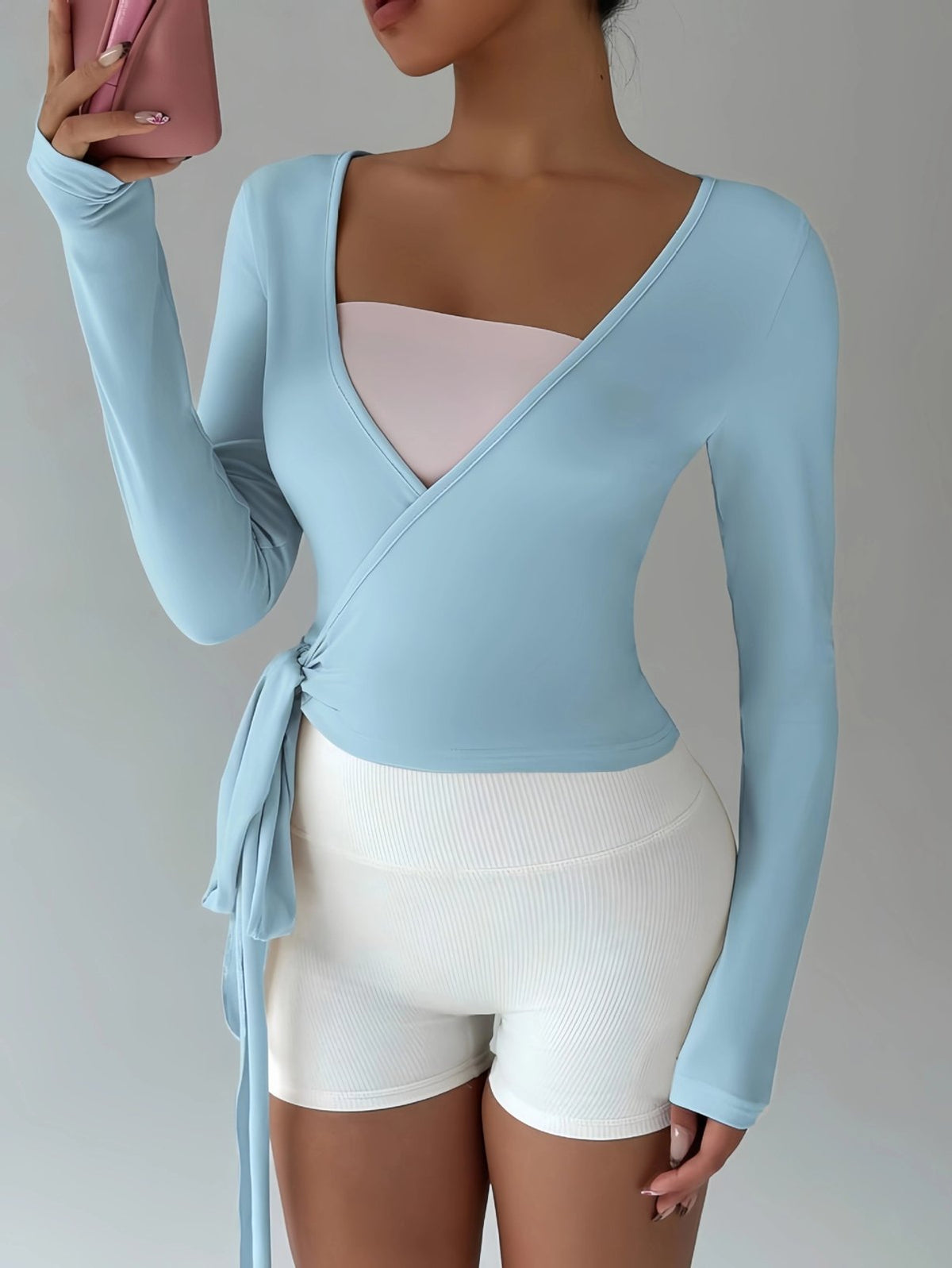 Long-Sleeve Ballet Wrap Top with Side-Tie Waist - Blue - 3